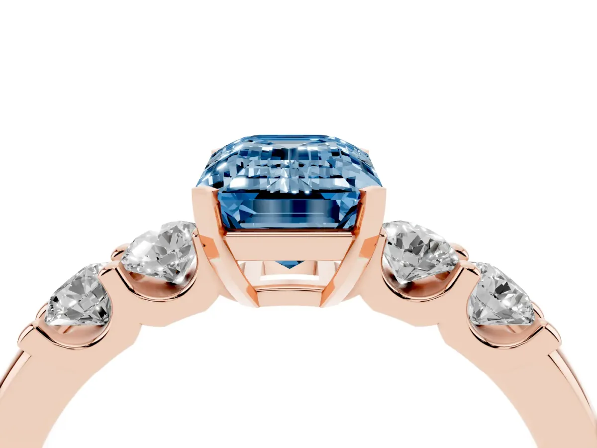 Fancy Blue Emerald Cut Brilliant Cut Diamond Five-Stone Prong Set Engagement Ring with Channel Band Rose gold