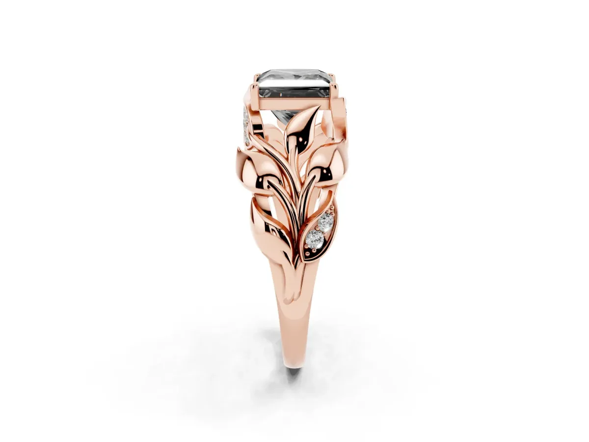 Fancy Black Princess Cut Diamond Leaf-Inspired Engagement Ring with Round Accents and Prong Setting Rose gold