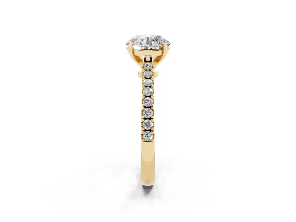 Round Cut Cut Solitaire Diamond Engagement Ring with Pave Band and Four-Prong Setting Yellow gold