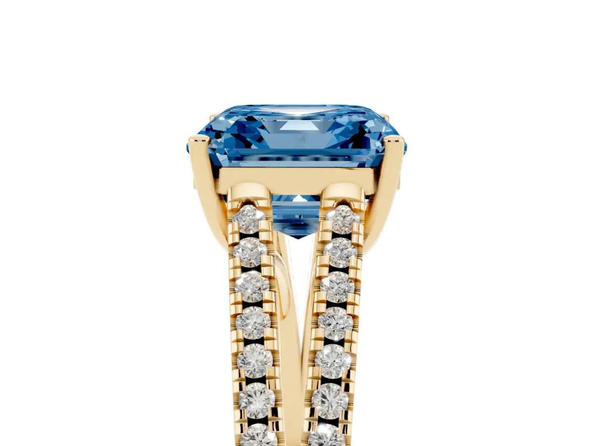 Fancy Blue Asscher Cut Diamond Solitaire Engagement Ring with Split Shank Pavé Band Yellow gold
