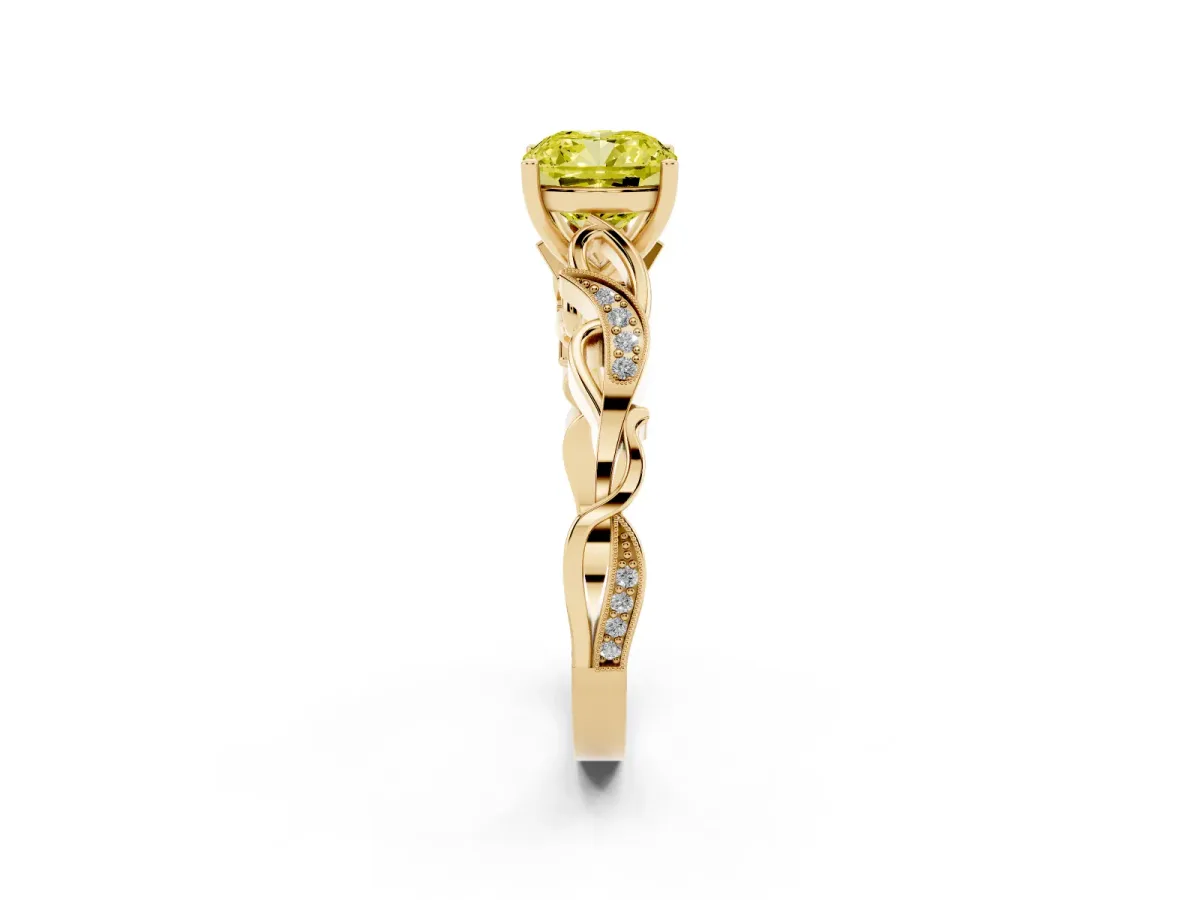 Fancy Yellow Cushion Cut Solitaire Vine Band with Milgrain Prong Setting Yellow gold