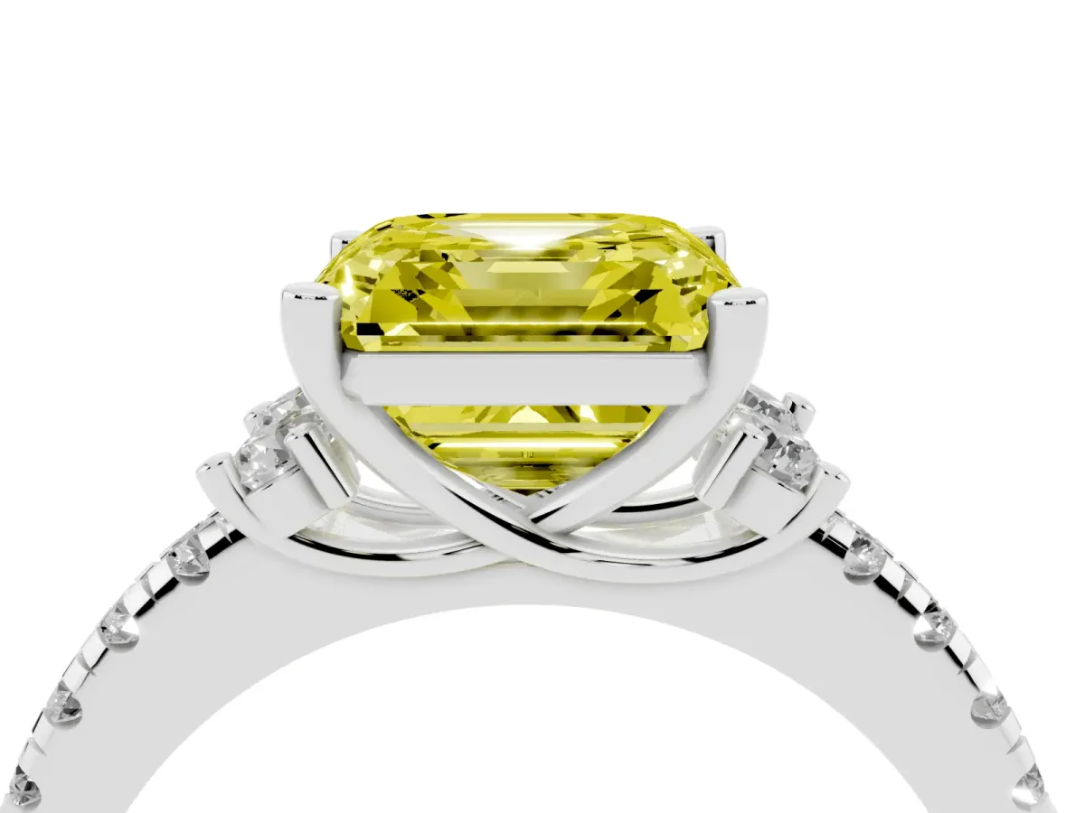 Fancy Yellow Asscher Cut Diamond Three-Stone Pave Band with Four-Prong Setting Silver