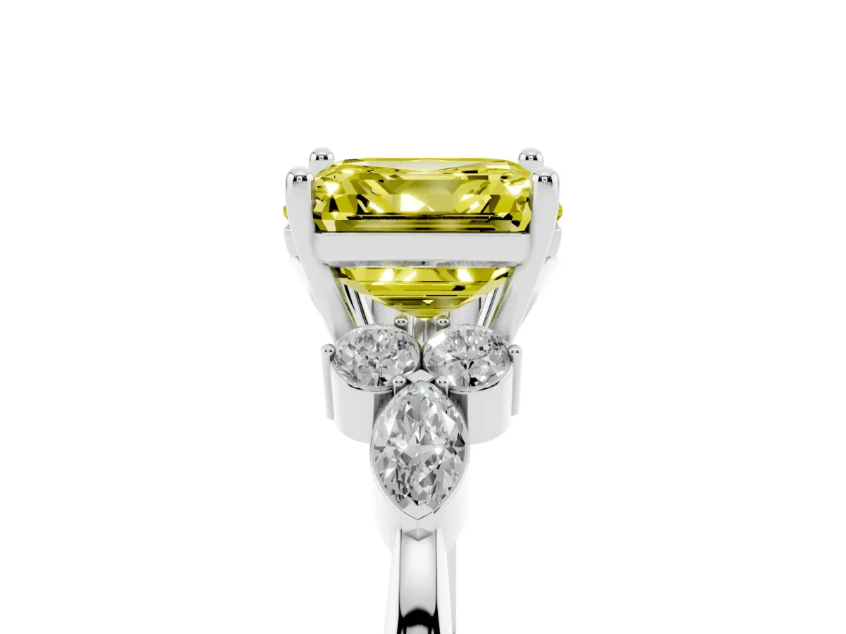 Fancy Yellow Asscher Cut Brilliant Diamond Solitaire Ring with Pear Side Stones and Four-Prong Setting White gold