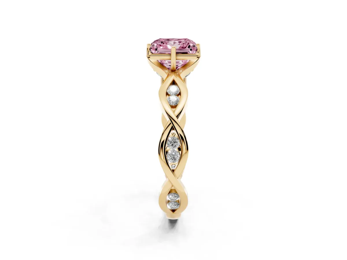 Fancy Pink Princess Cut Solitaire Twist Band with Leaf Prong Setting Yellow gold