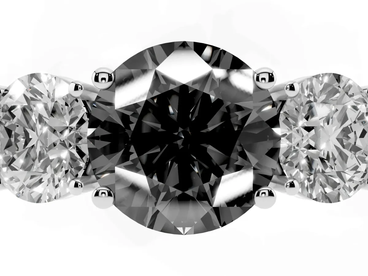 Fancy Black Three-Stone Round Cut Cut Diamond Engagement Ring with Flat Band and Four-Prong Setting Silver