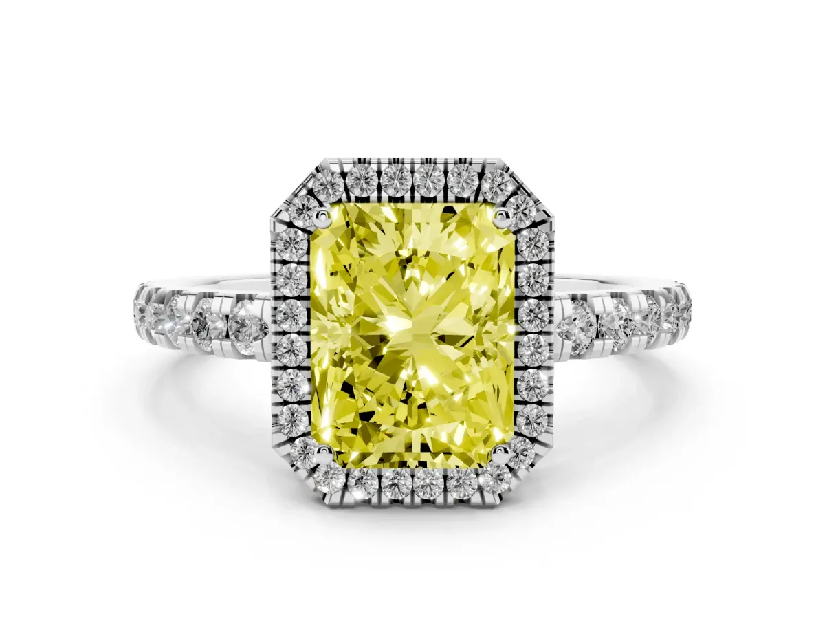 Fancy Yellow Radiant Cut Diamond Halo Ring with Pavé Band and Four-Prong Setting White gold