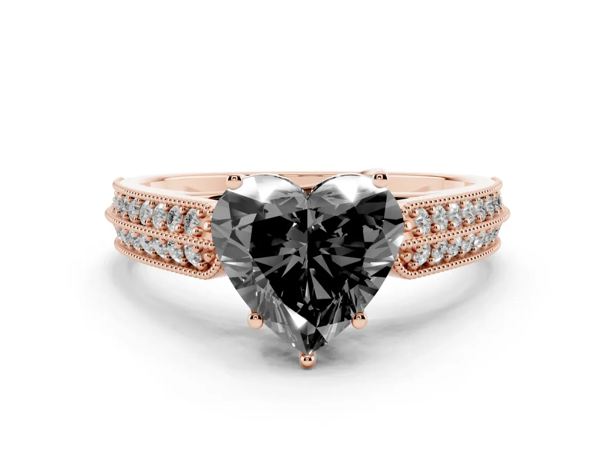Fancy Black Heart Cut Cut Pave Split Shank Engagement Ring with Four-Prong Setting Rose gold
