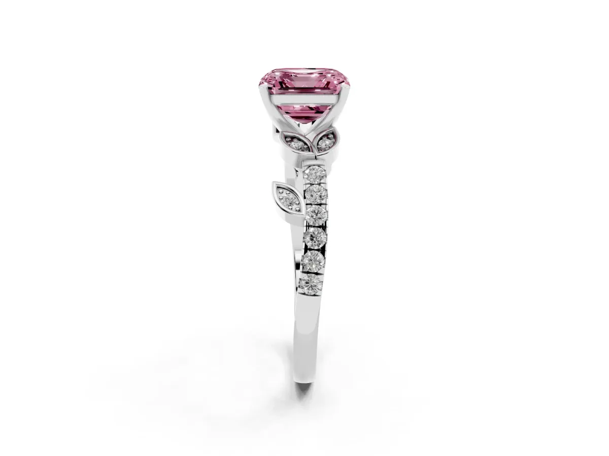 Fancy Pink Asscher Cut Solitaire Leaf-Inspired Diamond Ring with Pavé Band and Four-Prong Setting Silver