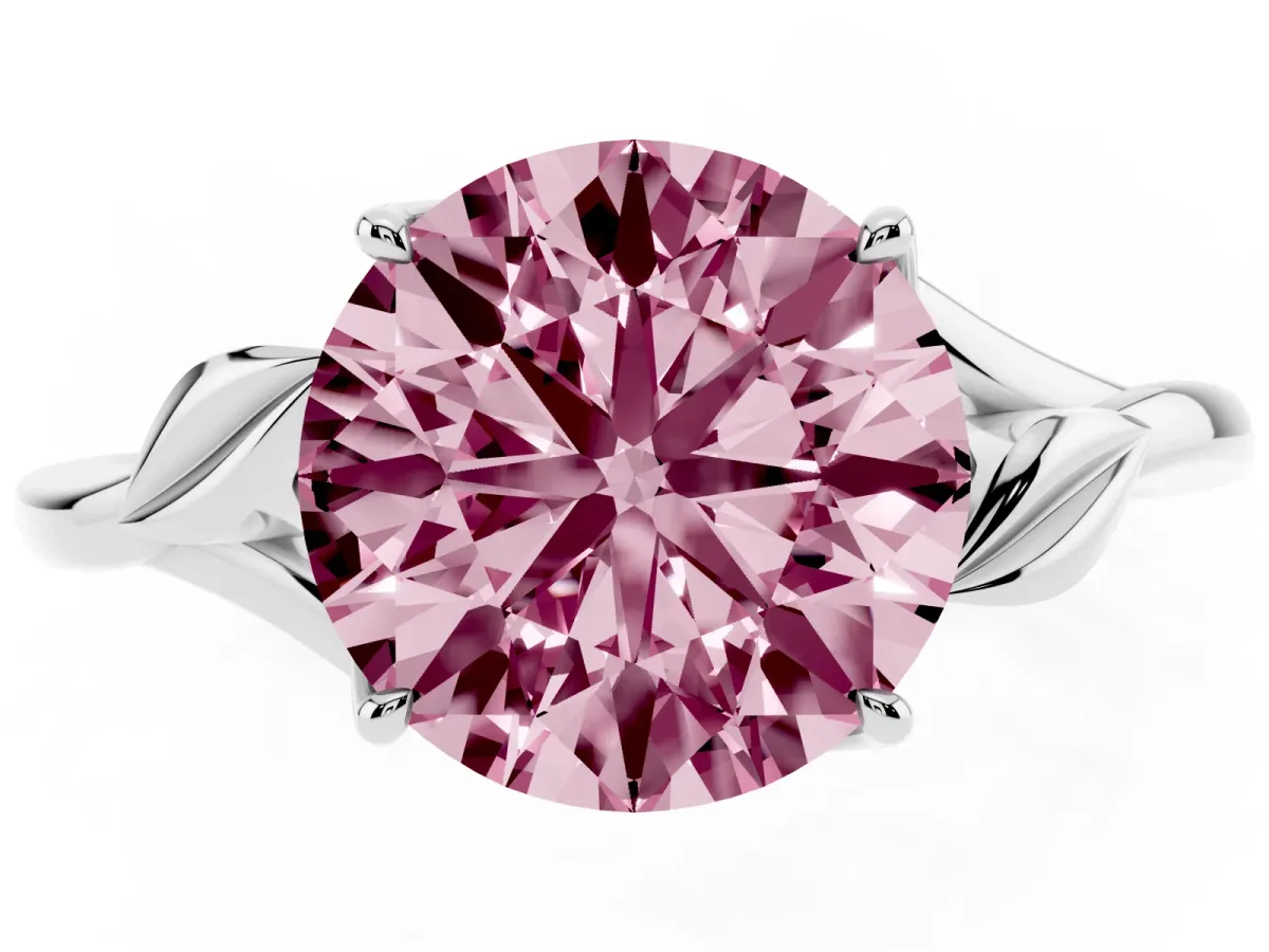 Fancy Pink Round Cut Diamond Solitaire Ring with Twist Band and Four-Prong Setting Silver