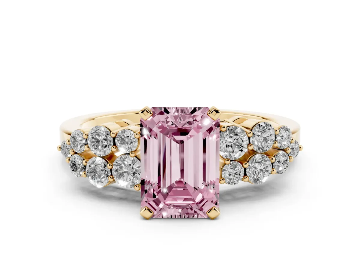 Fancy Pink Emerald Cut Cluster Diamond Engagement Ring with Pavé Band and Four-Prong Setting Yellow gold