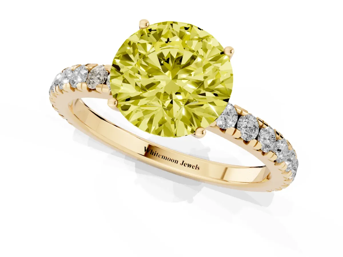 Fancy Yellow Round Cut Diamond Pavé Solitaire Engagement Ring with Four-Prong Setting Yellow gold