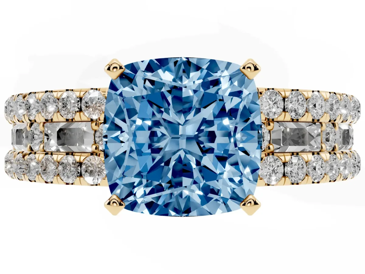 Fancy Blue Cushion Cut Diamond Solitaire Ring with Pavé and Channel Set Band Yellow gold