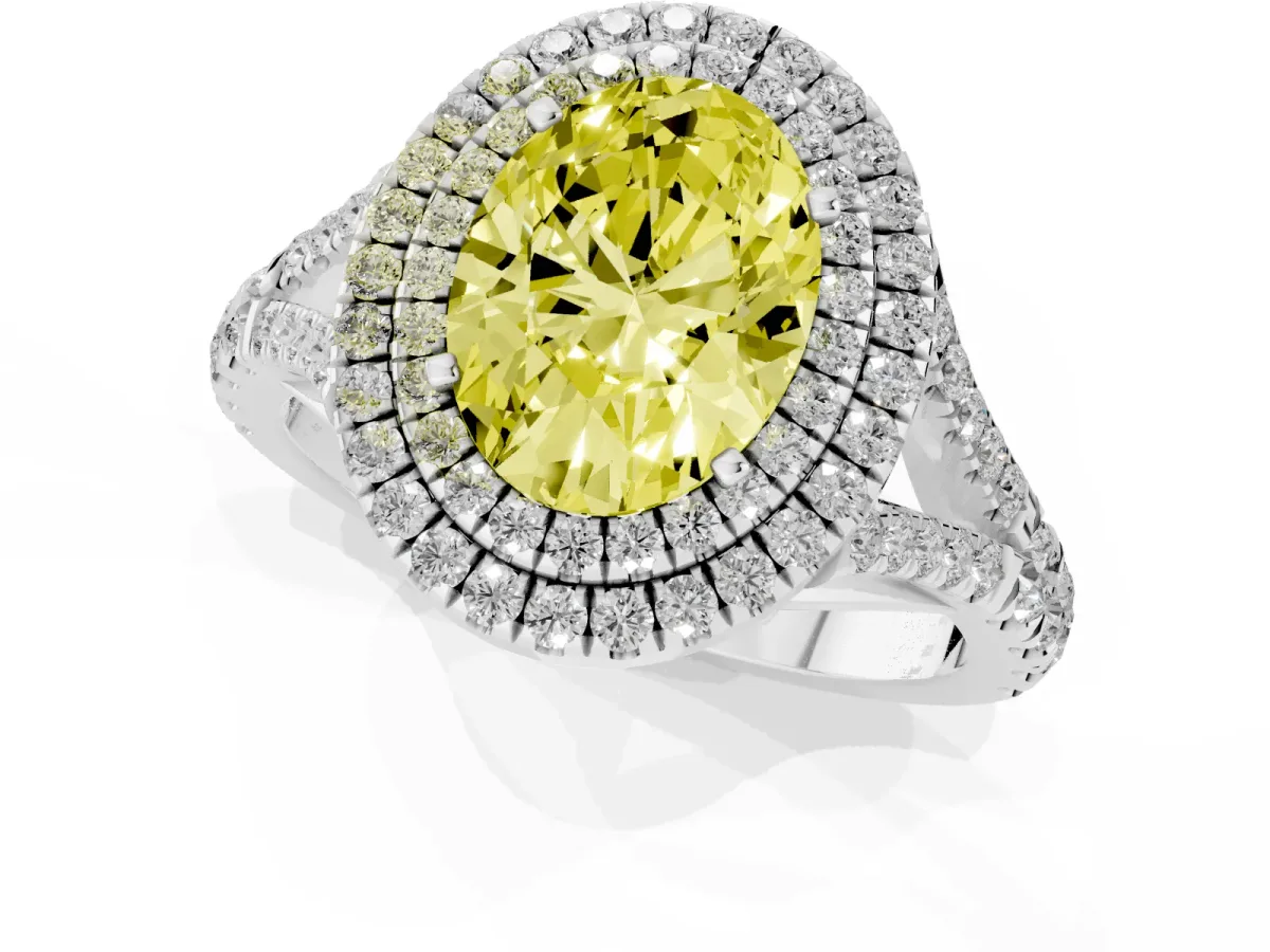Fancy Yellow Oval Cut Diamond Pavé Split Shank Double Halo Engagement Ring Platinum