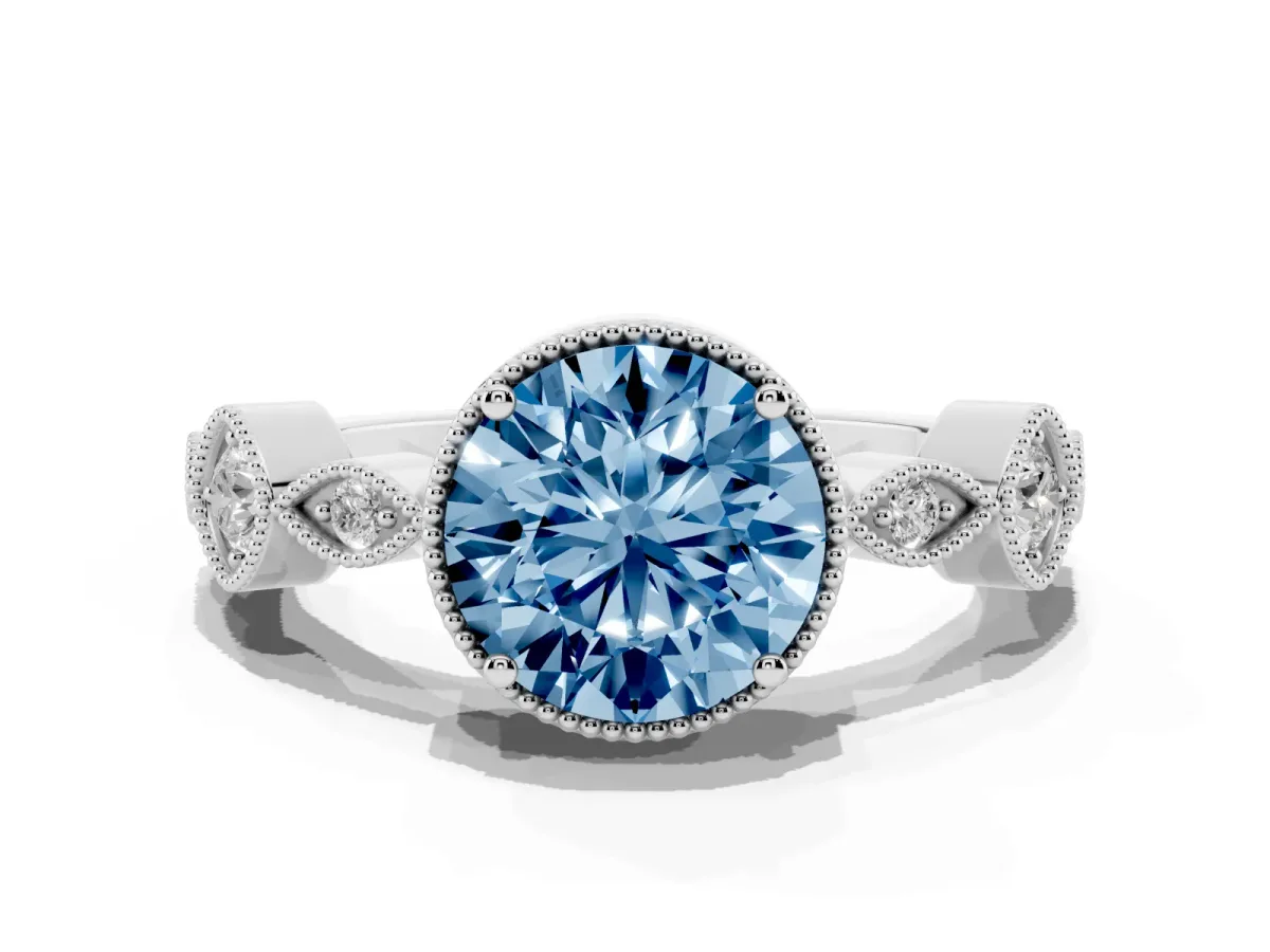 Fancy Blue Round Cut Diamond Vintage Milgrain Ring with Round Stations Silver