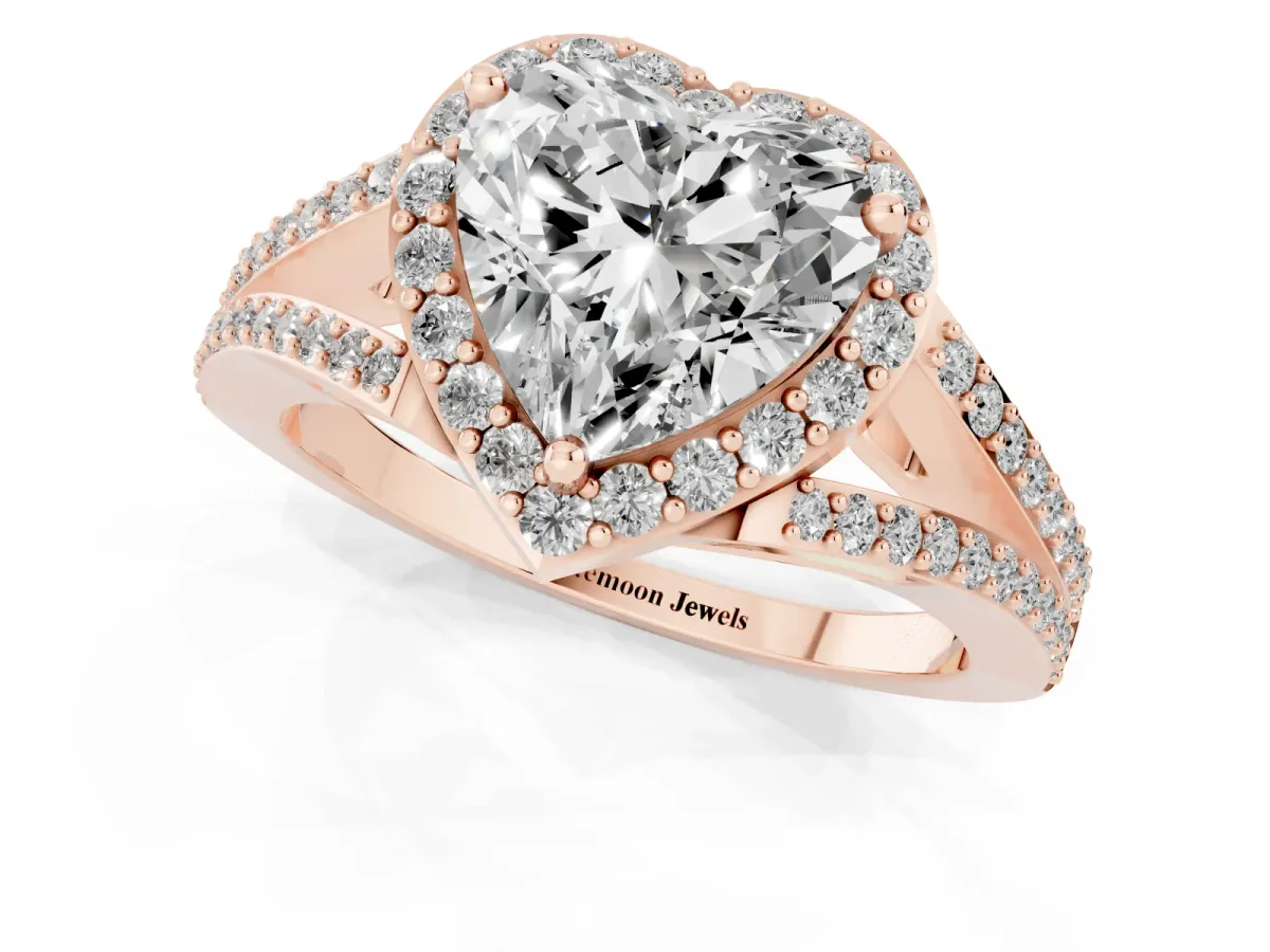 Heart Cut Halo Split Shank Diamond Ring with Prong Setting Rose gold