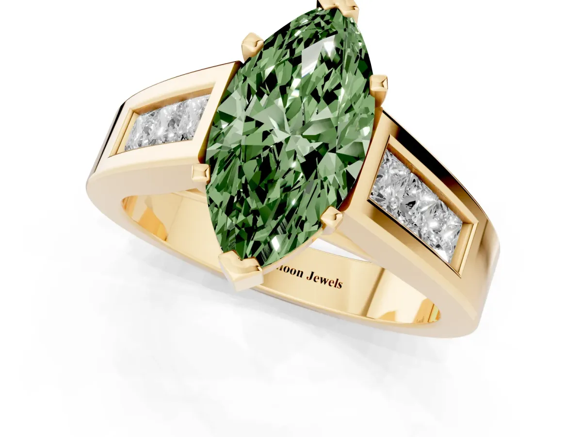 Fancy Green Marquise Cut Cut Channel Set Solitaire Ring with Four-Prong Setting Yellow gold