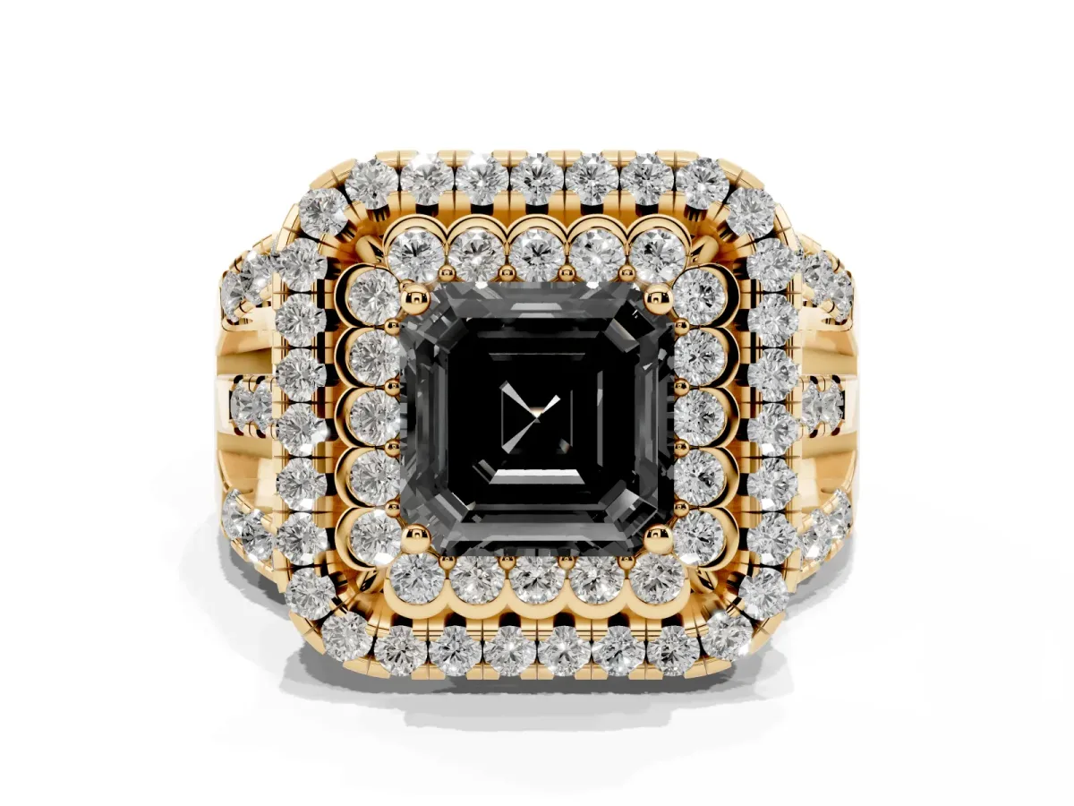 Fancy Black Asscher Cut Diamond Double Halo Ring with Round Pavé Split Shank and Prong Setting Yellow gold