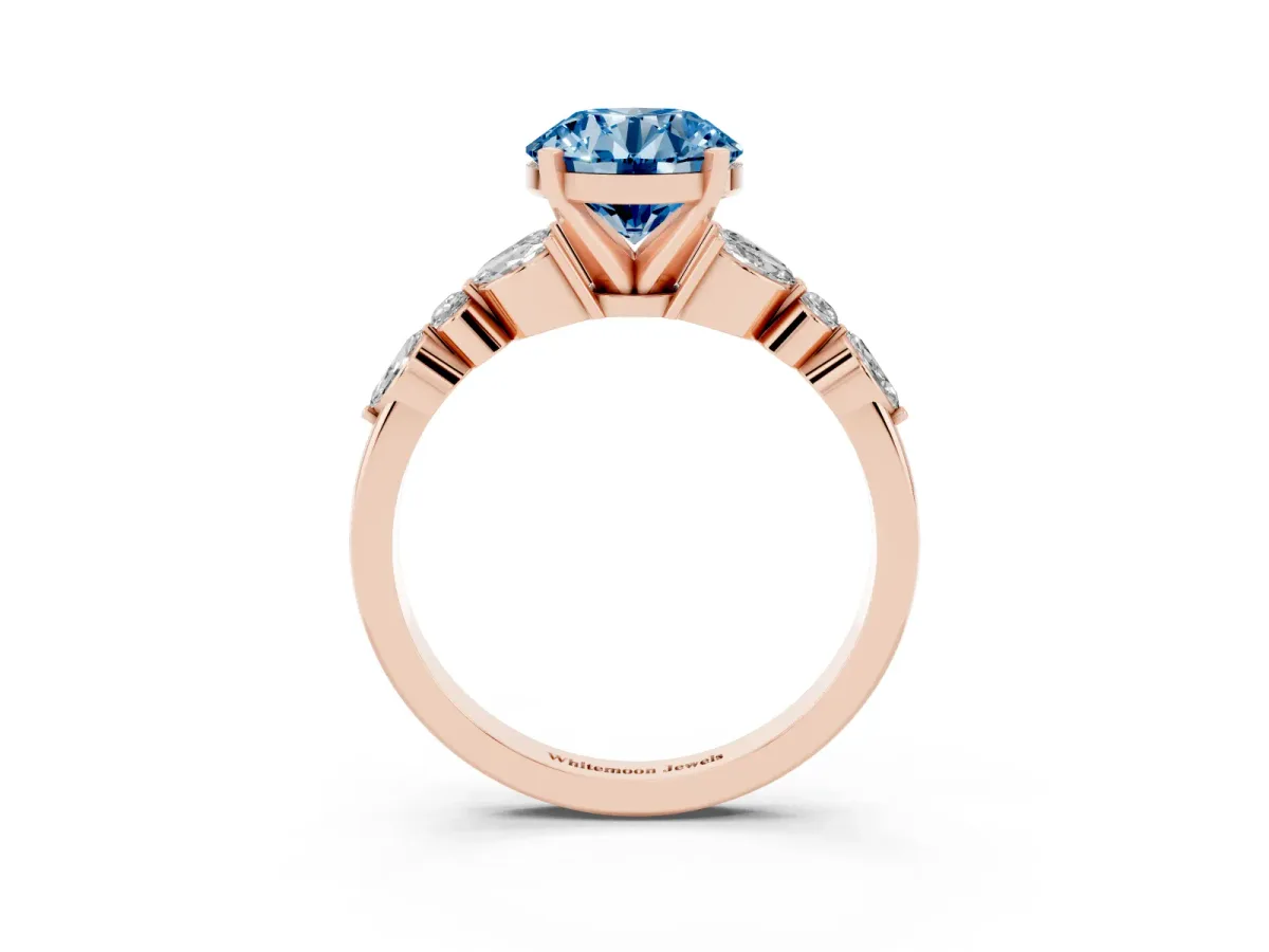 Fancy Blue Round Cut Diamond Solitaire Ring with Side Stones and Four-Prong Setting Rose gold