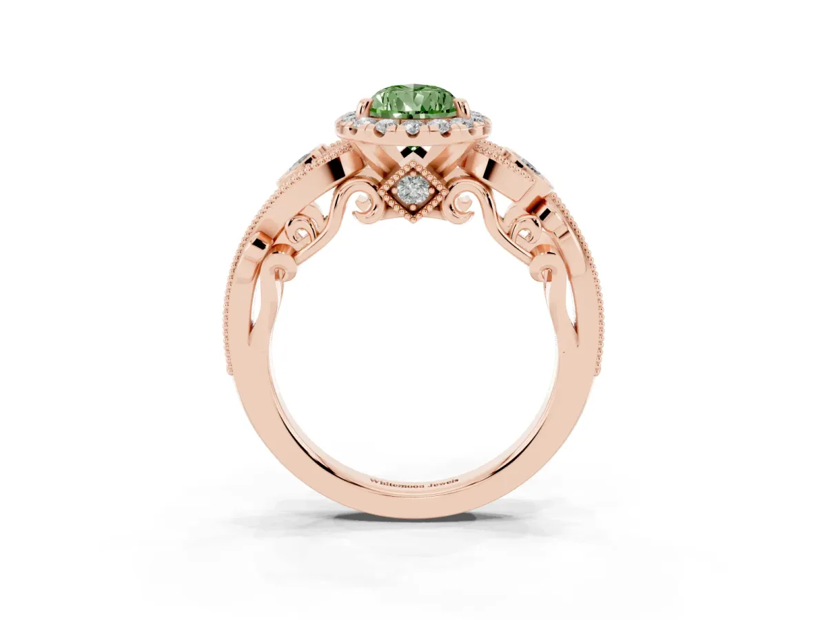 Fancy Green Pear Cut Halo Diamond Ring with Milgrain and Bezel Accents on a Split Shank Band Rose gold