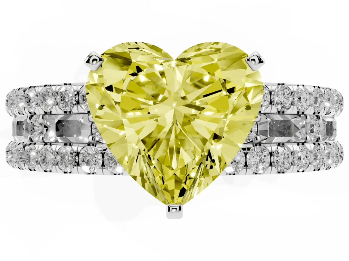 Fancy Yellow Heart Cut Diamond Solitaire Ring with Pavé and Channel Set Band Platinum