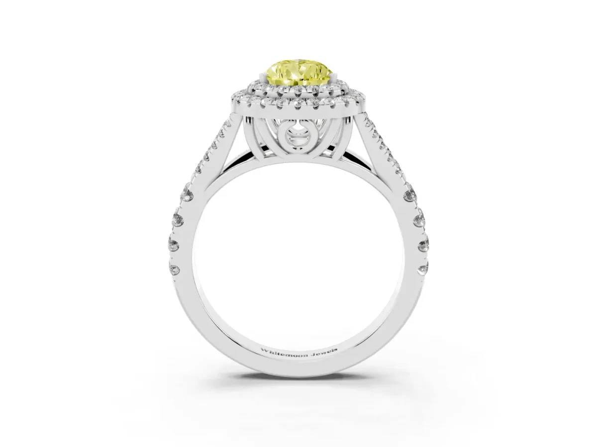 Fancy Yellow Pear Cut Diamond Pavé Split Shank Double Halo Engagement Ring Silver