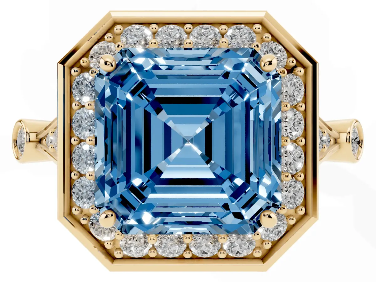 Fancy Blue Asscher Cut Halo Diamond Engagement Ring with Twisted Band and Four-Prong Setting Yellow gold