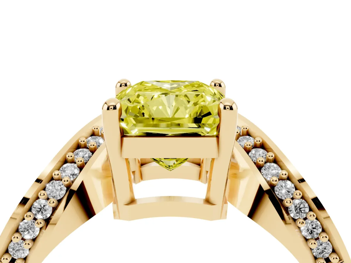 Fancy Yellow Radiant Cut Solitaire Diamond Engagement Ring with Pave Band and Four-Prong Setting Yellow gold
