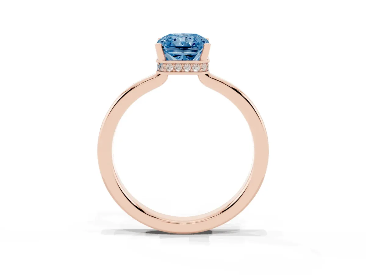 Fancy Blue Radiant Cut Cut Solitaire Engagement Ring with Four-Prong Setting on a Classic Band Rose gold
