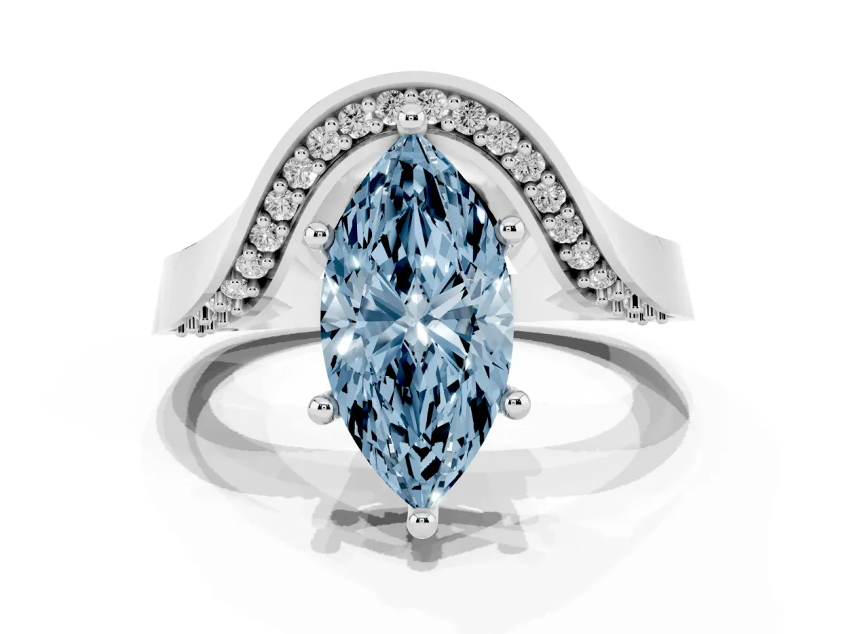 Fancy Blue Marquise Cut Solitaire Diamond Engagement Ring with Pave Band and Four-Prong Setting Platinum