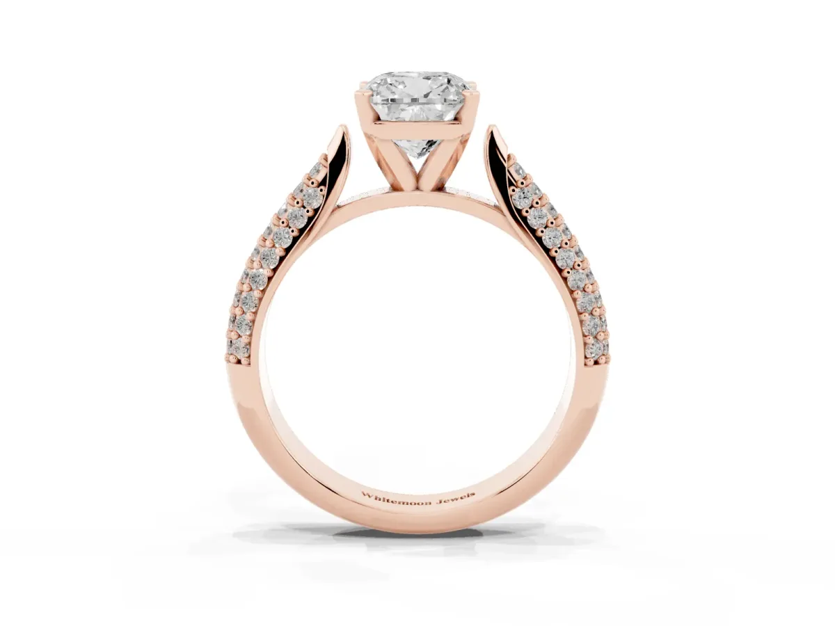 Cushion Cut Diamond Solitaire Engagement Ring with Multi-Row Round Pavé Band and Prong Setting Rose gold