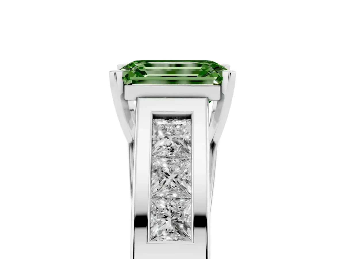 Fancy Green Emerald Cut Cut Channel Set Solitaire Ring with Four-Prong Setting Silver