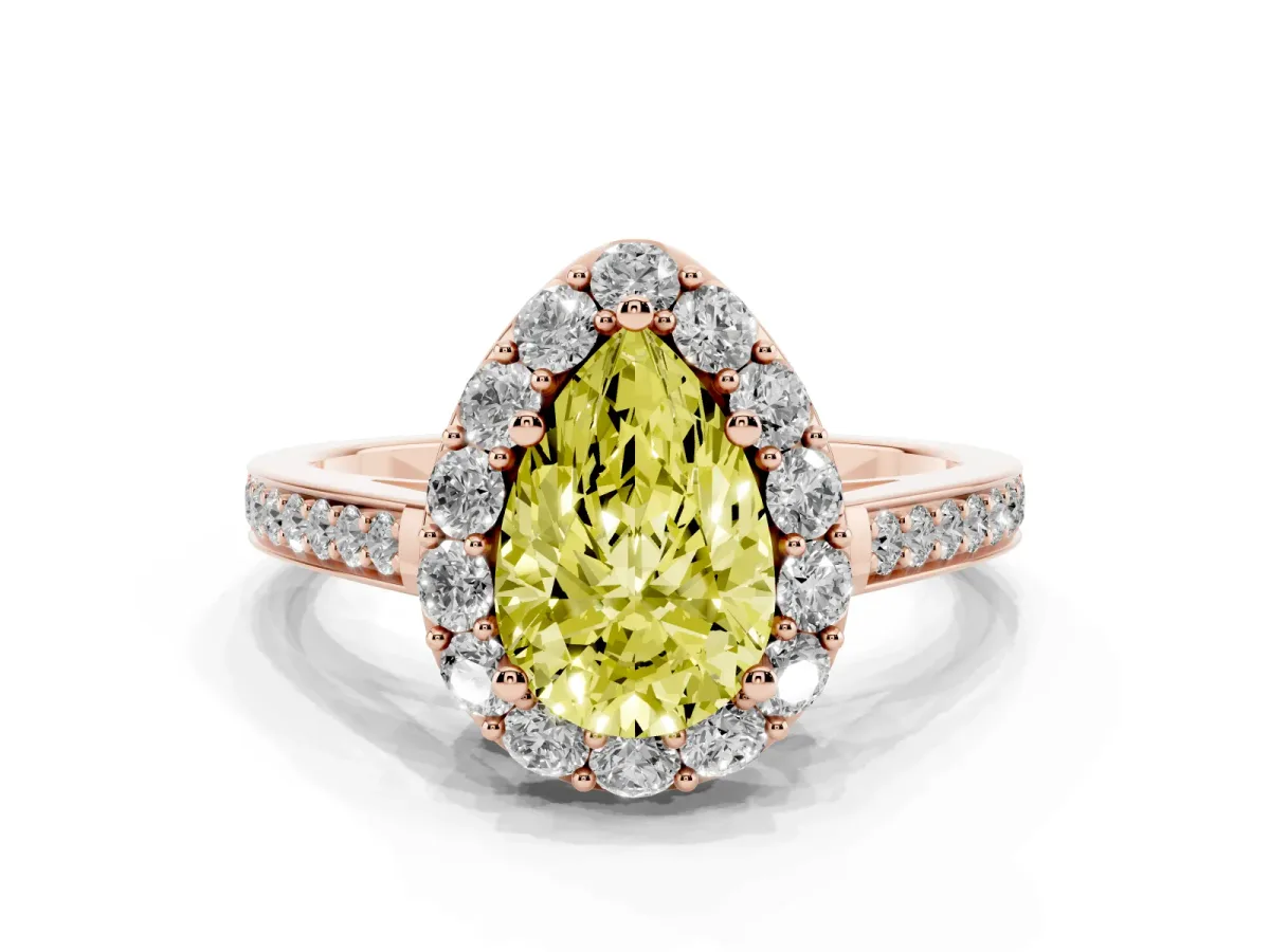 Fancy Yellow Pear Cut Diamond Floral Halo Ring with Pavé Band and Prong Setting Rose gold