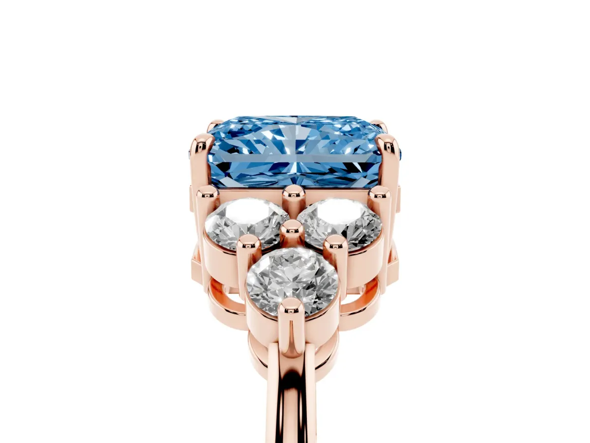 Fancy Blue Radiant Cut Brilliant Diamond Cluster Accent Solitaire Ring with Prong Setting Rose gold