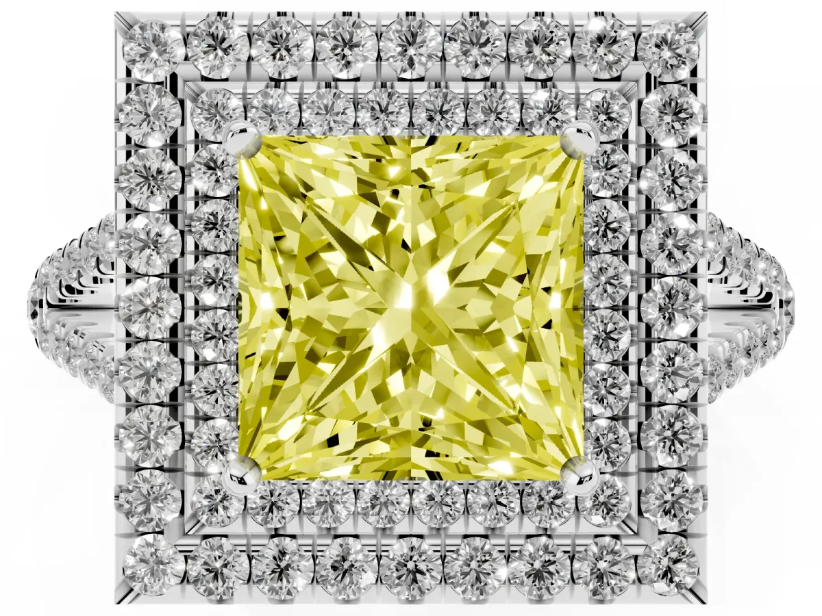 Fancy Yellow Princess Cut Diamond Double Halo Ring with Pavé Band and Prong Setting White gold