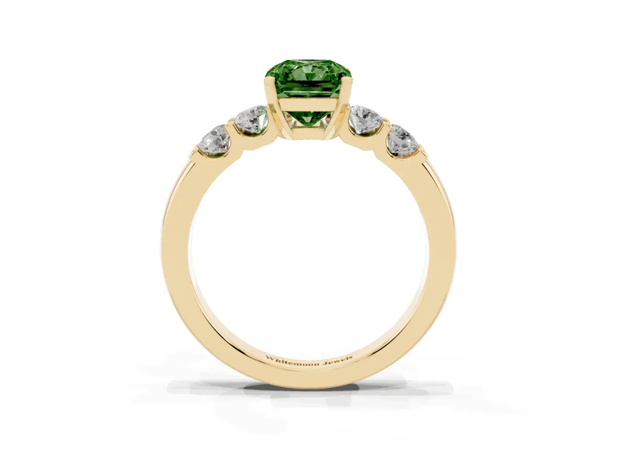 Fancy Green Radiant Cut Brilliant Cut Diamond Five-Stone Prong Set Engagement Ring with Channel Band Yellow gold