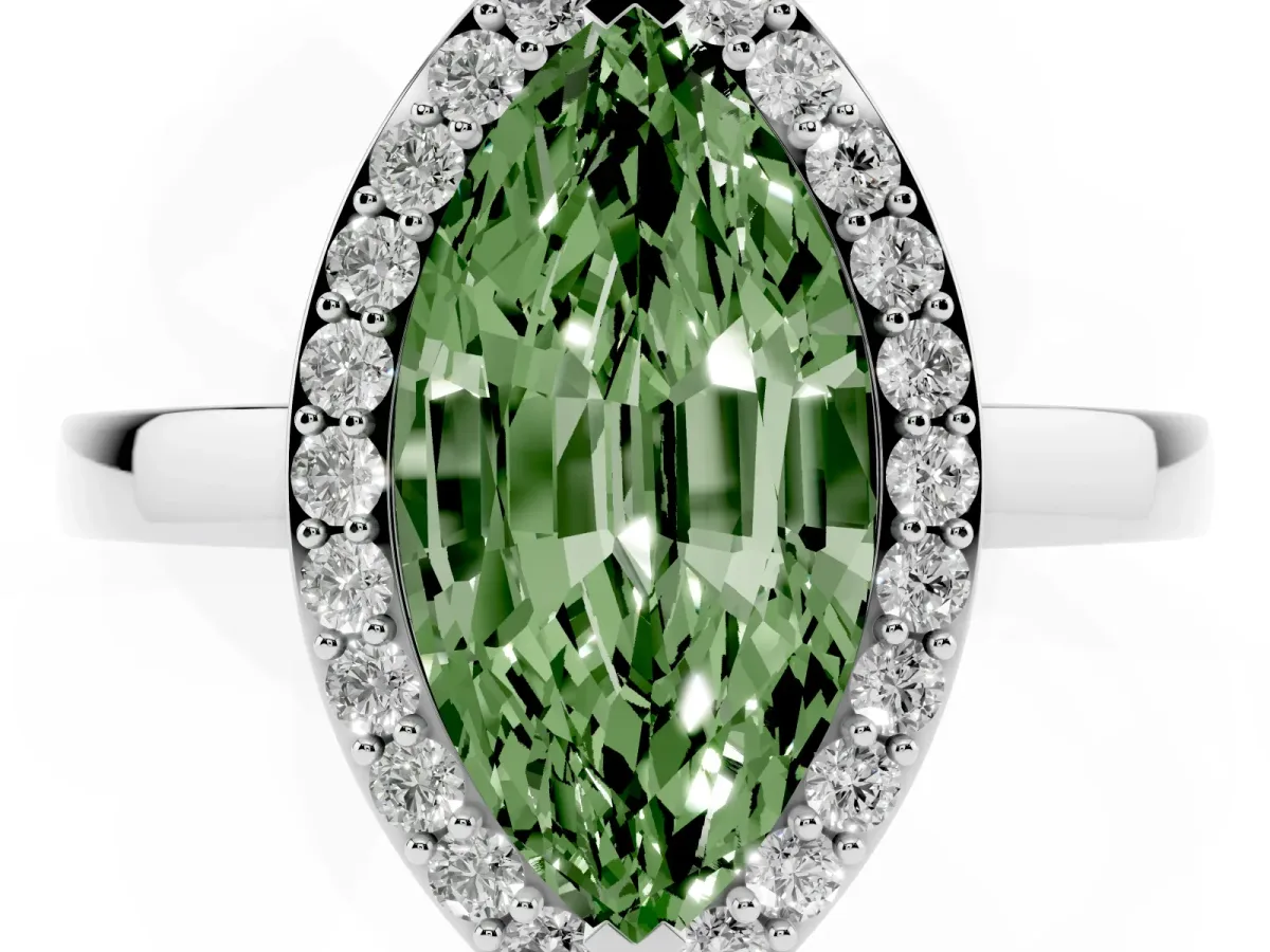 Fancy Green Marquise Cut Halo Diamond Ring with Solitaire Band and Prong Setting Silver