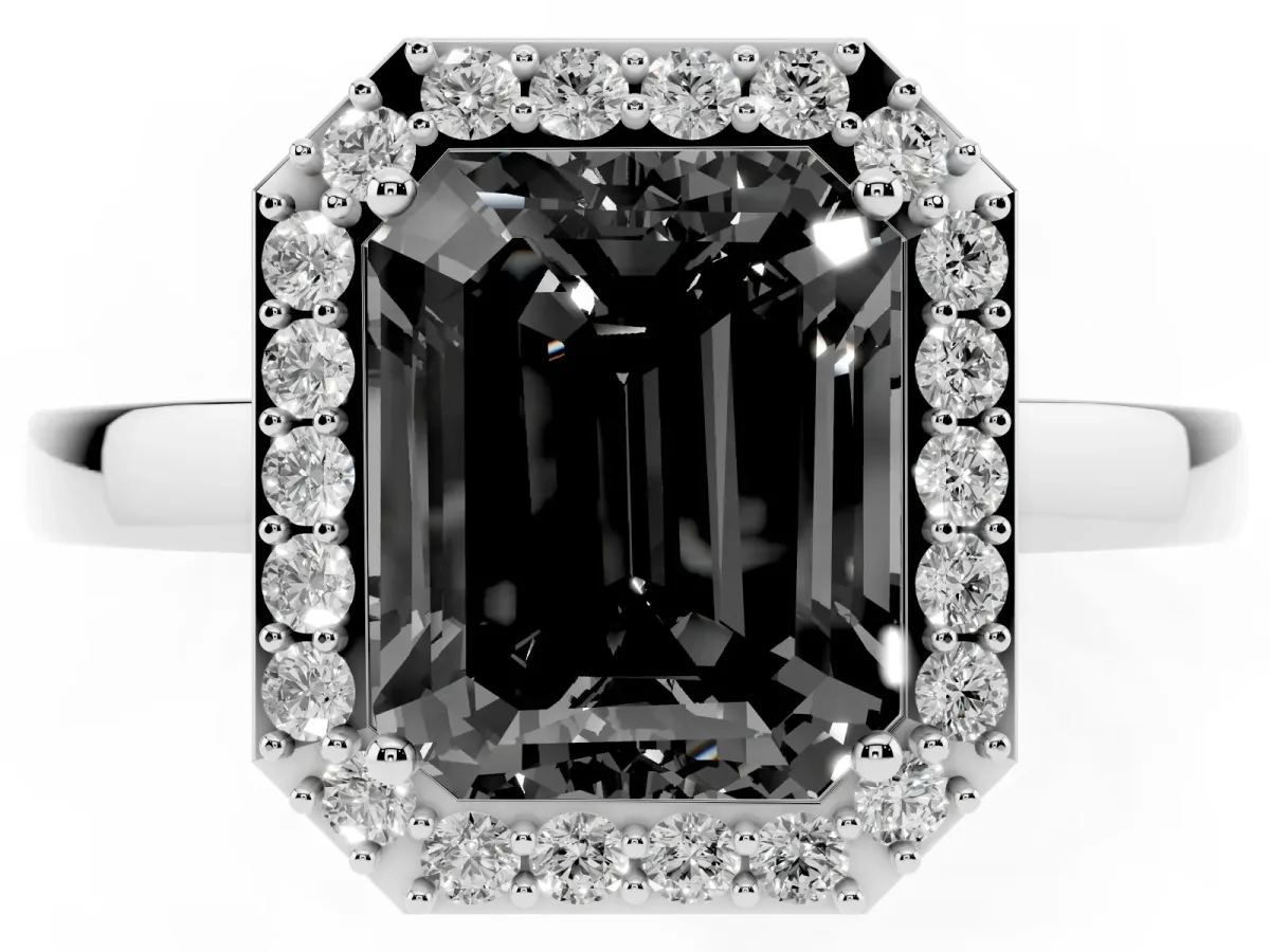 Fancy Black Radiant Cut Halo Diamond Ring with Solitaire Band and Prong Setting Platinum