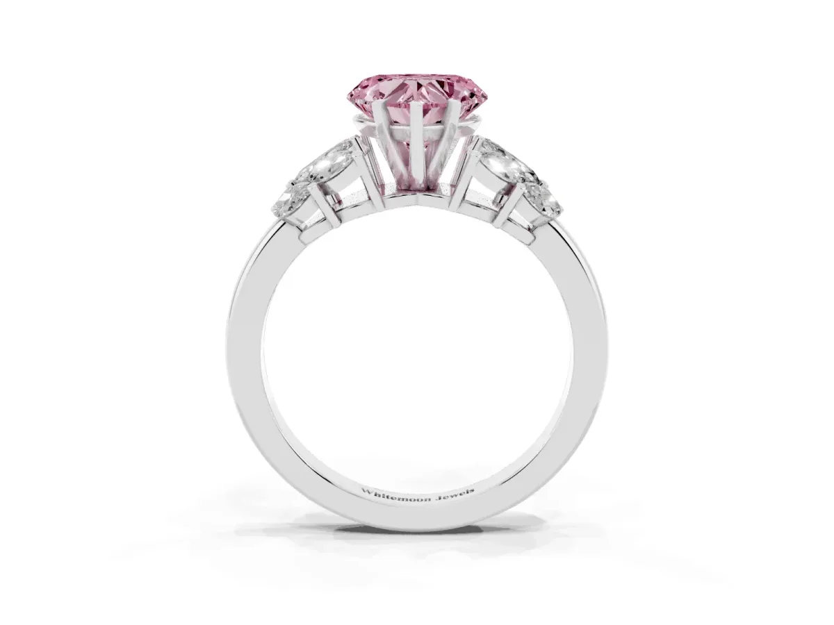 Fancy Pink Heart Cut Diamond Cluster Leaf Design Ring with Prong Setting Silver