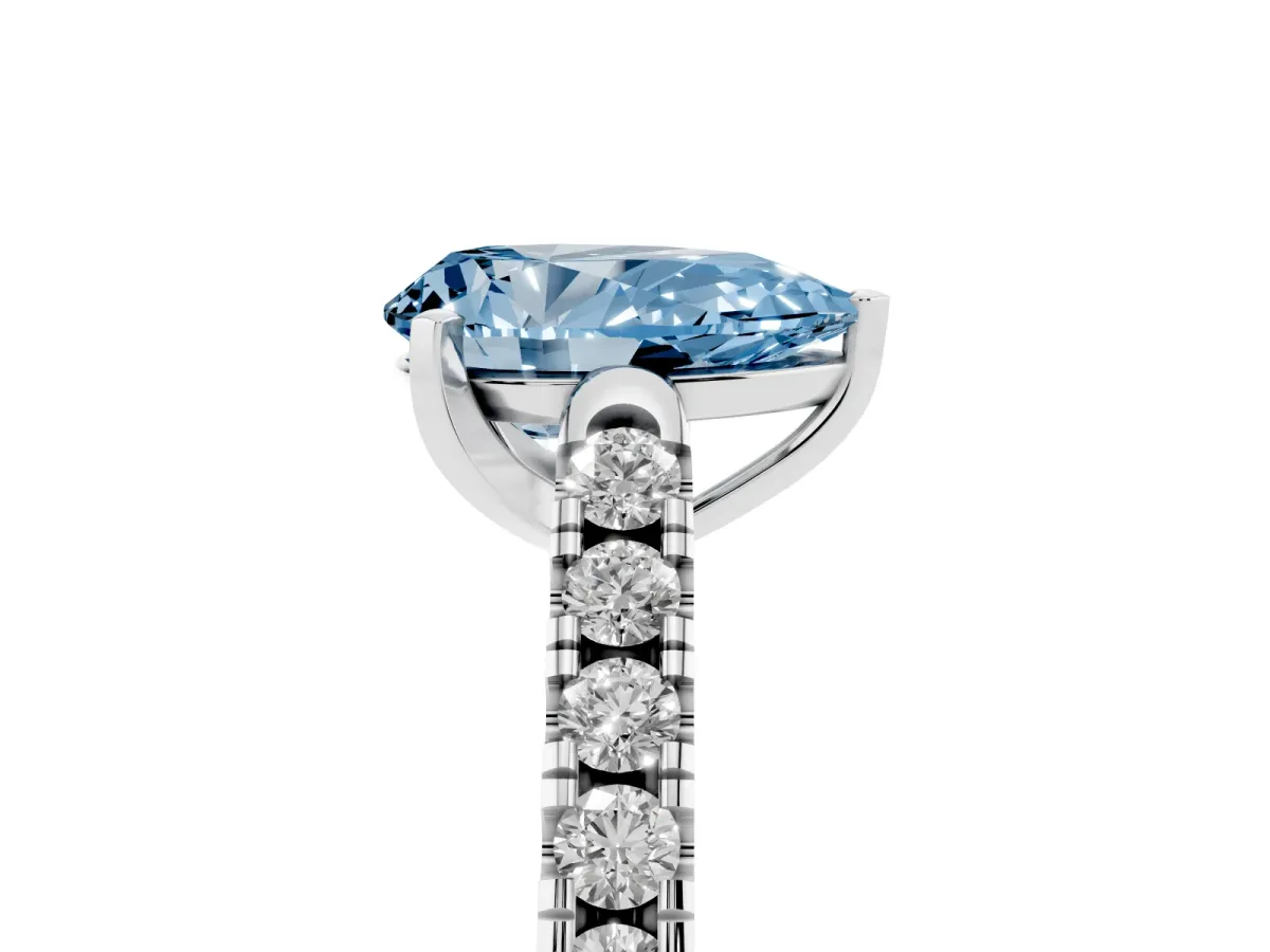 Fancy Blue Pear Cut Diamond Pavé Band Solitaire Ring with Prong Setting Platinum