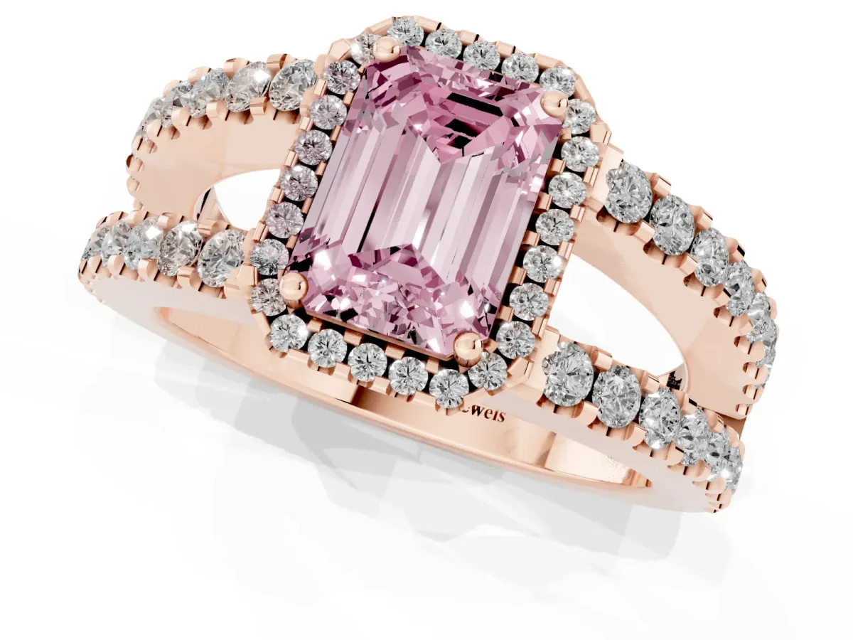 Fancy Pink Emerald Cut Cut Halo Split Shank Diamond Ring with Four-Prong Setting Rose gold