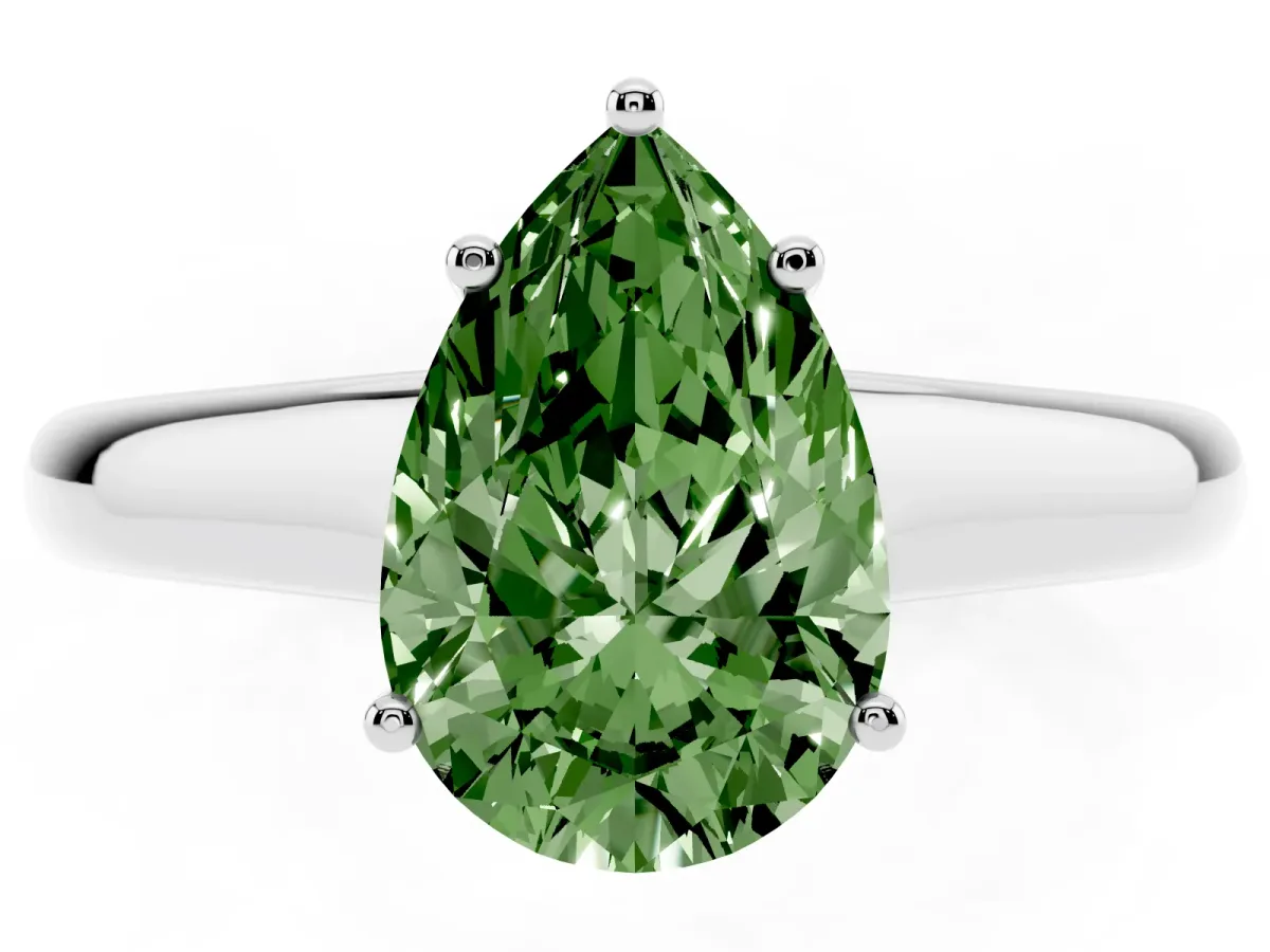 Fancy Green Pear Cut Solitaire Engagement Ring with Tapered Band and Four-Prong Setting Platinum
