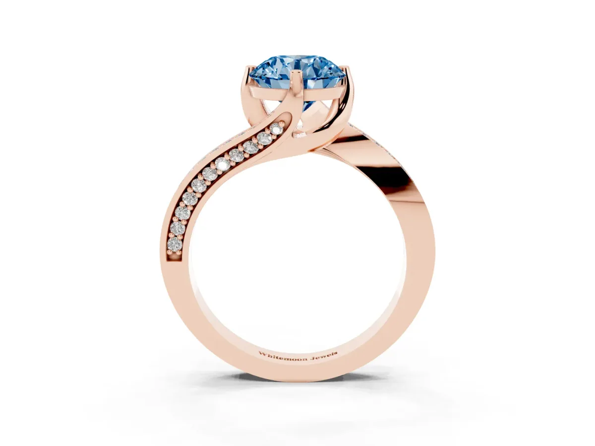 Fancy Blue Round Cut Solitaire Diamond Twist Band with Pavé Setting and Four-Prong Setting Rose gold