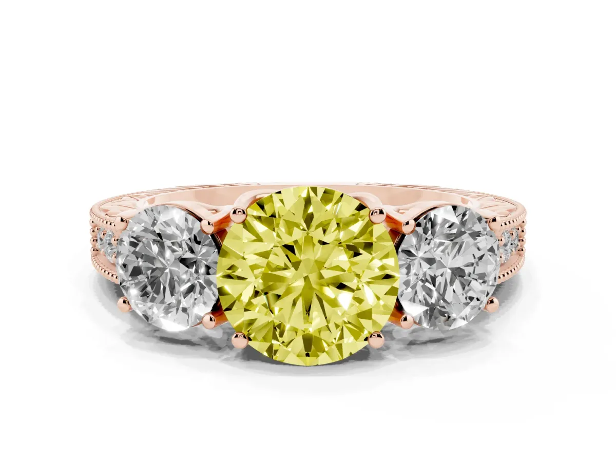 Fancy Yellow Three-Stone Round Cut Cut Milgrain Pavé Engagement Ring Rose gold