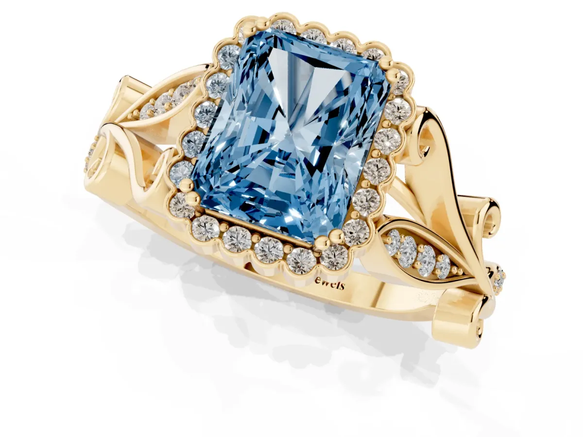 Fancy Blue Radiant Cut Diamond Halo Ring with Vintage Split Shank and Four-Prong Setting Yellow gold