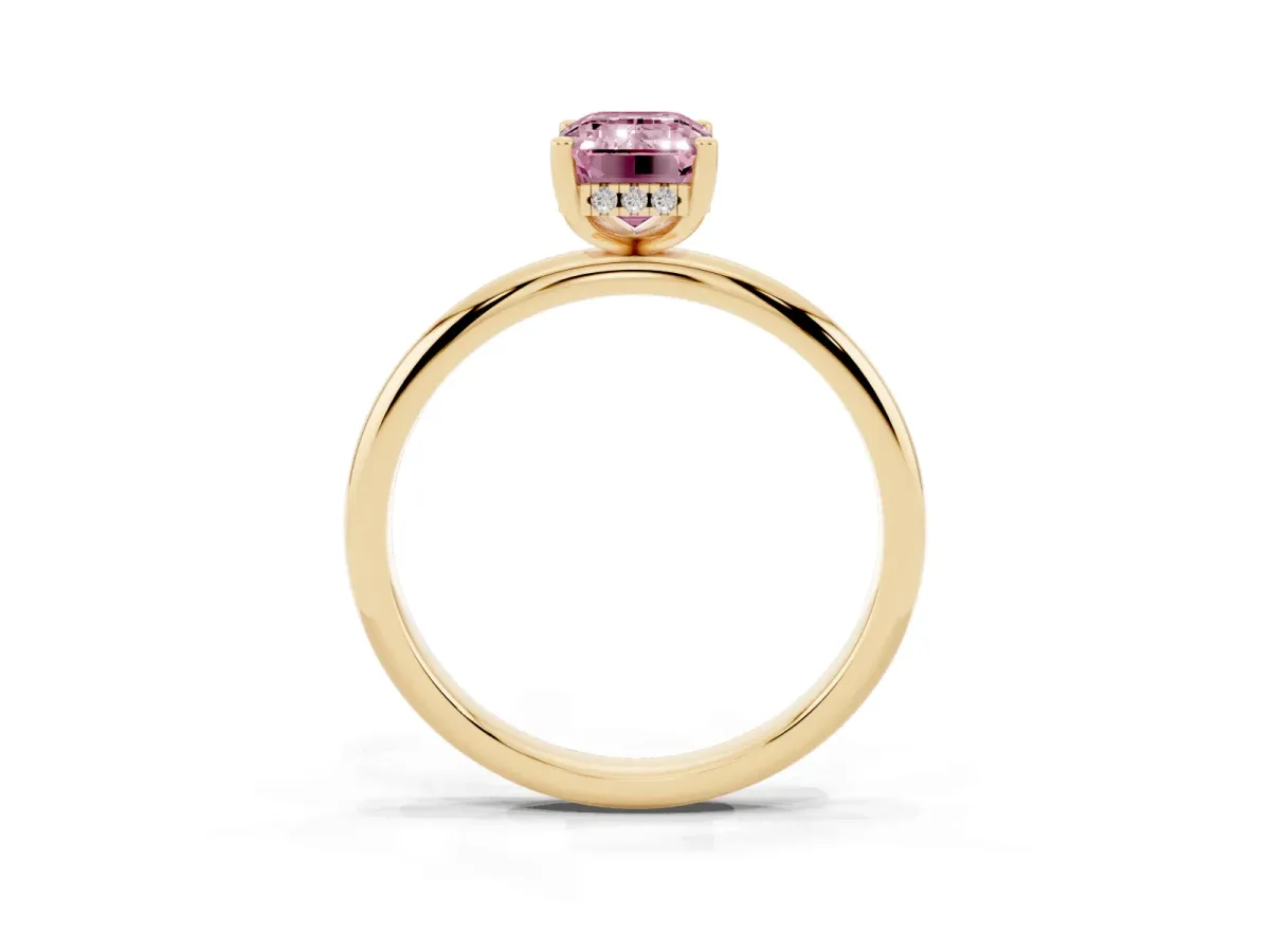 Fancy Pink Emerald Cut Cut Solitaire Engagement Ring with Four-Prong Setting and Classic Band Yellow gold