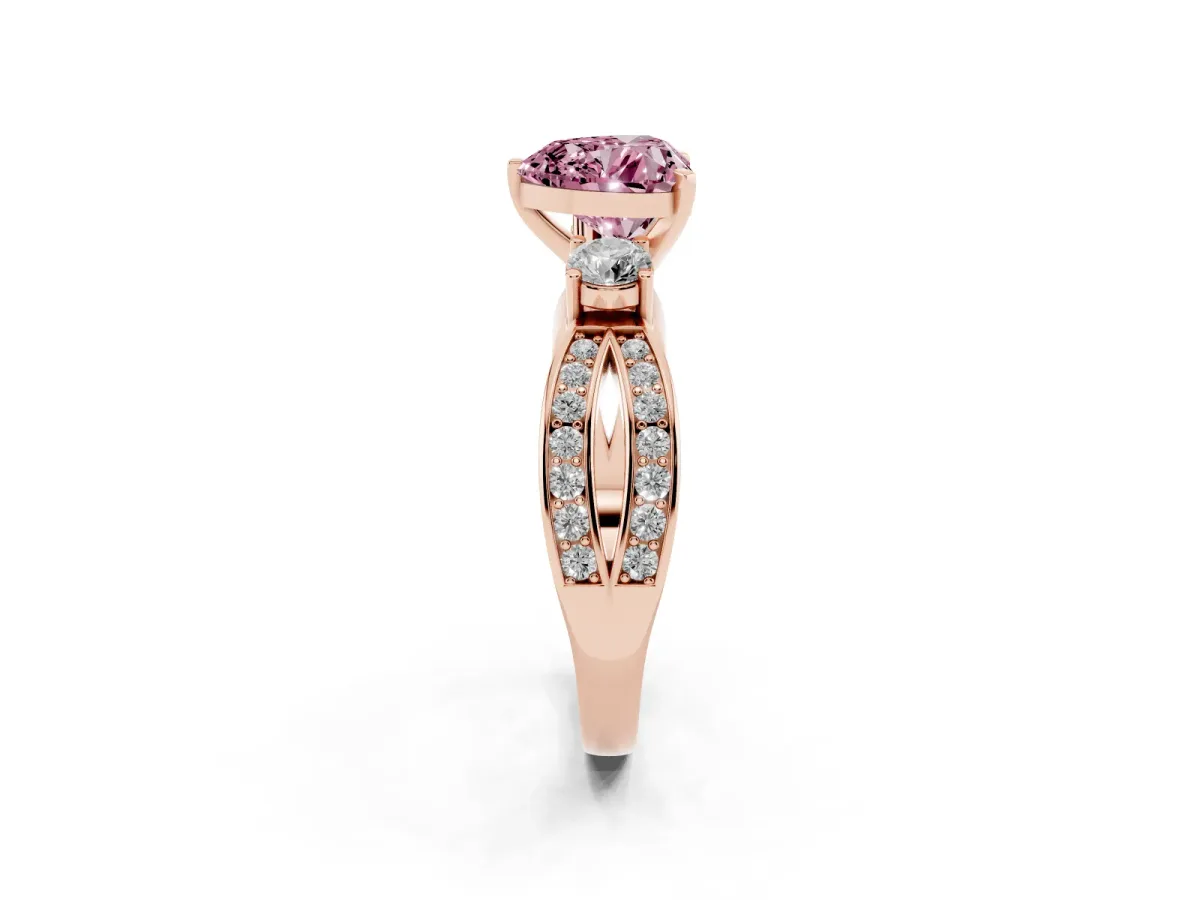 Fancy Pink Three-Stone Heart Cut Cut Diamond Twist Band with Prong Setting Rose gold