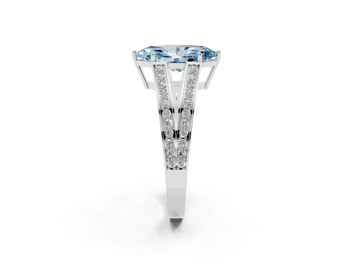 Fancy Blue Marquise Cut Diamond Split Shank Ring with Pavé Band and Four-Prong Setting Platinum