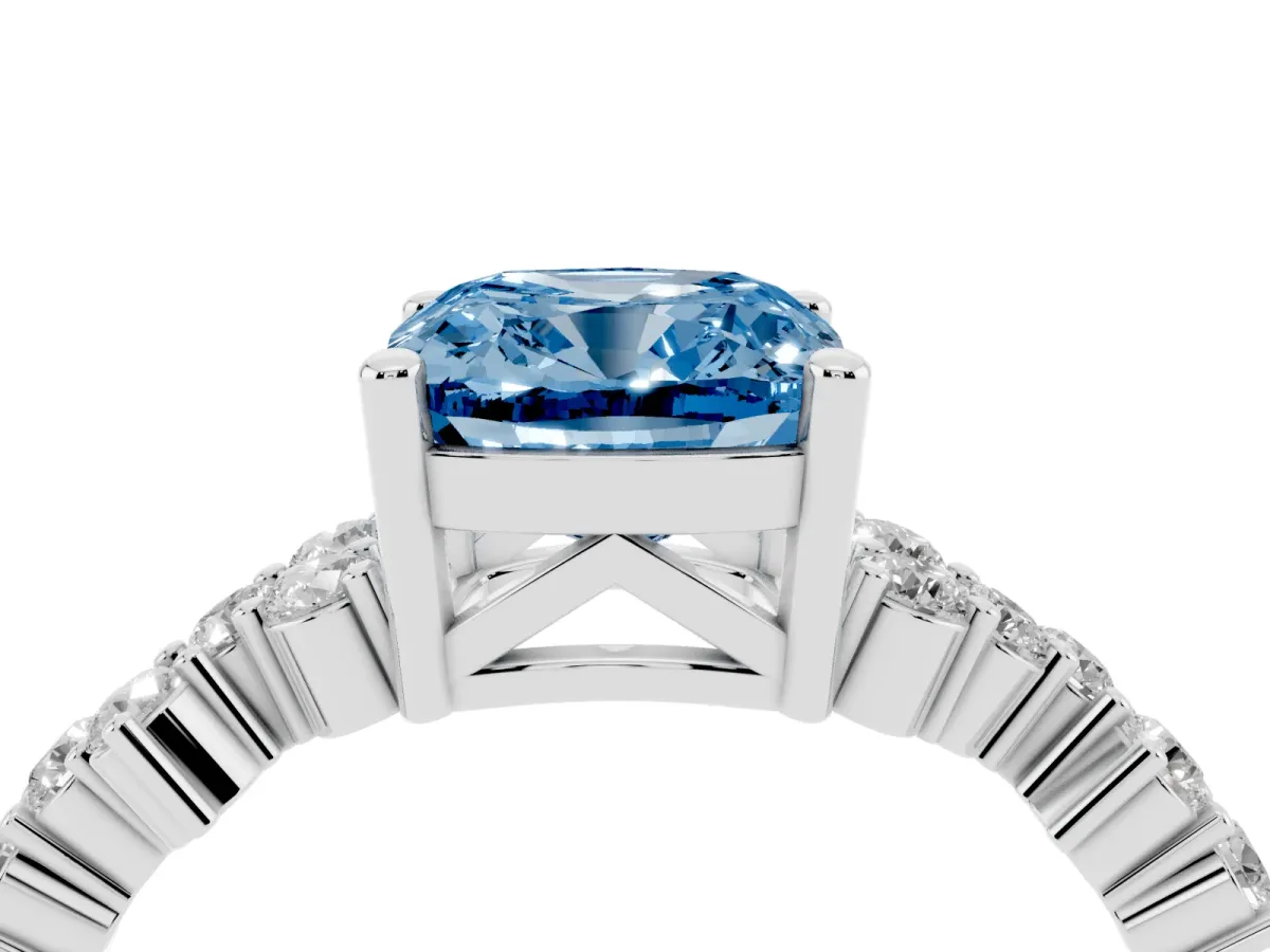 Fancy Blue Cushion Cut Diamond Scattered Round Accent Ring with Prong Setting Platinum