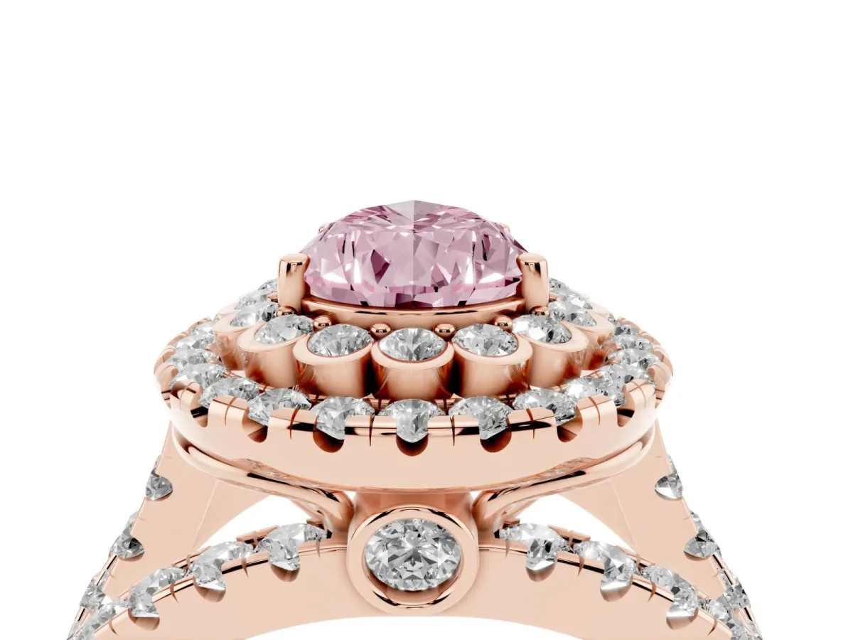 Fancy Pink Pear Cut Diamond Double Halo Ring with Round Pavé Split Shank and Prong Setting Rose gold