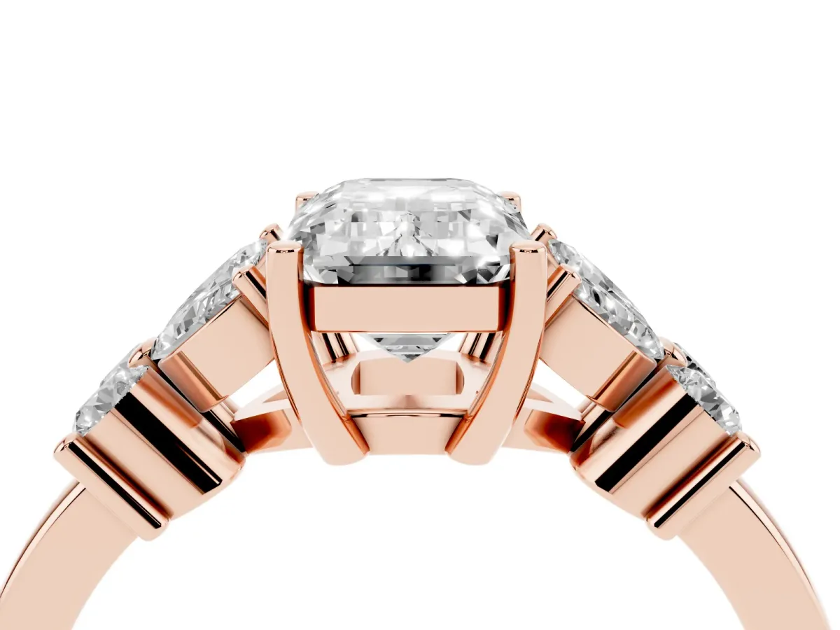 Emerald Cut Diamond Floral Cluster Ring with Solitaire Band and Prong Setting Rose gold